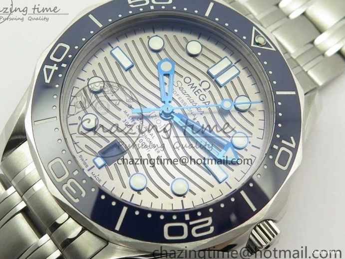 0113 Effortless 2018 Seamaster Diver 300M OMF Best Edition Blue Ceramic Gray Dial on SS Bracelet A8800 (Black Balance Wheel) 7958